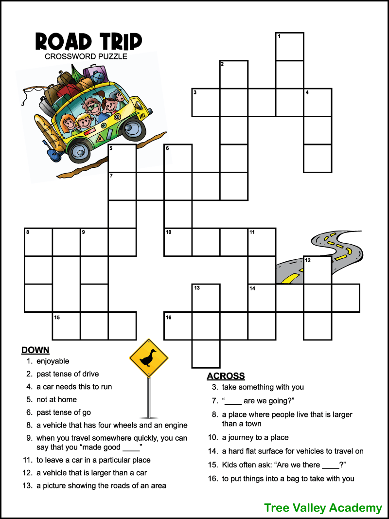 easy road trip crossword puzzle for kids - tree valley academy